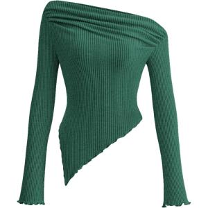 PRETTYGARDEN Women’s Spring Long Sleeve Y2K Crop Top Trendy Off Shoulder Asymmetrical Fitted Knit Tee Shirts Going Out Tops(Dark Green)