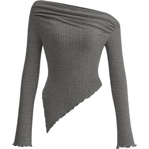 PRETTYGARDEN Women’s Spring Long Sleeve Y2K Crop Top Trendy Off Shoulder Asymmetrical Fitted Knit Tee Shirts Going Out Tops(Grey)