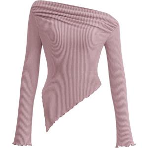 PRETTYGARDEN Women’s Spring Long Sleeve Y2K Crop Top Trendy Off Shoulder Asymmetrical Fitted Knit Tee Shirts Going Out Tops(Grey Pink)
