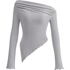 PRETTYGARDEN Women’s Spring Long Sleeve Y2K Crop Top Trendy Off Shoulder Asymmetrical Fitted Knit Tee Shirts Going Out Tops(Light Grey)