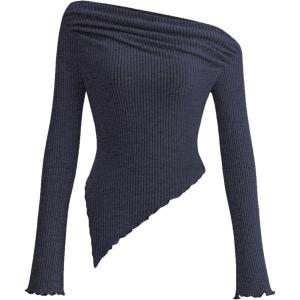 PRETTYGARDEN Women’s Spring Long Sleeve Y2K Crop Top Trendy Off Shoulder Asymmetrical Fitted Knit Tee Shirts Going Out Tops(Navy)