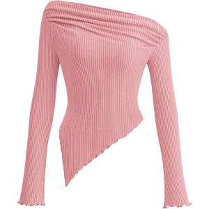 PRETTYGARDEN Women’s Spring Long Sleeve Y2K Crop Top Trendy Off Shoulder Asymmetrical Fitted Knit Tee Shirts Going Out Tops(Pink)