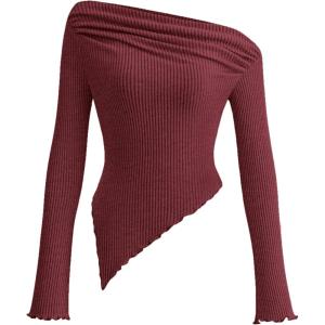 PRETTYGARDEN Women’s Spring Long Sleeve Y2K Crop Top Trendy Off Shoulder Asymmetrical Fitted Knit Tee Shirts Going Out Tops(Wine Red)
