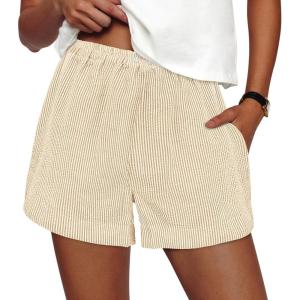 PRETTYGARDEN Women’s Striped Boxer Shorts Summer 2026 Trendy Casual Elastic Waist Lounge Sleep Pajama Bottoms Beach Shorts(Striped Apricot White)