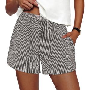 PRETTYGARDEN Women’s Striped Boxer Shorts Summer 2026 Trendy Casual Elastic Waist Lounge Sleep Pajama Bottoms Beach Shorts(Striped Black White)