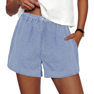 PRETTYGARDEN Women’s Striped Boxer Shorts Summer 2026 Trendy Casual Elastic Waist Lounge Sleep Pajama Bottoms Beach Shorts(Striped Blue White)