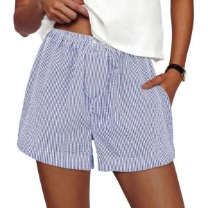 PRETTYGARDEN Women’s Striped Boxer Shorts Summer 2026 Trendy Casual Elastic Waist Lounge Sleep Pajama Bottoms Beach Shorts(Striped Dark Blue White)