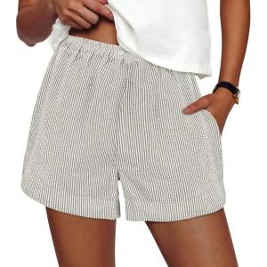 PRETTYGARDEN Women’s Striped Boxer Shorts Summer 2026 Trendy Casual Elastic Waist Lounge Sleep Pajama Bottoms Beach Shorts(Striped Grey Blue White)
