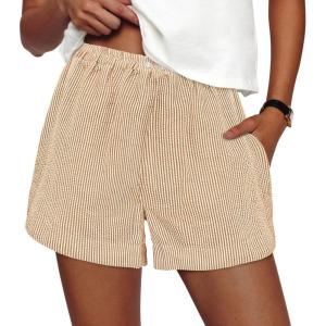 PRETTYGARDEN Women’s Striped Boxer Shorts Summer 2026 Trendy Casual Elastic Waist Lounge Sleep Pajama Bottoms Beach Shorts(Striped Khaki White)