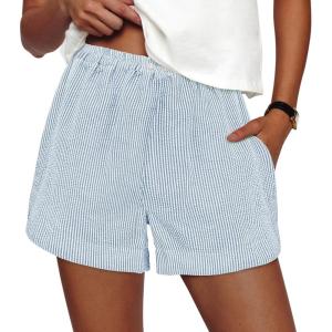 PRETTYGARDEN Women’s Striped Boxer Shorts Summer 2026 Trendy Casual Elastic Waist Lounge Sleep Pajama Bottoms Beach Shorts(Striped Light Blue White)