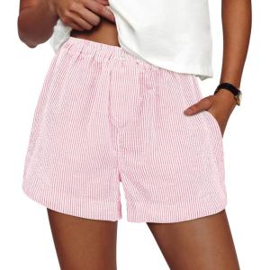 PRETTYGARDEN Women’s Striped Boxer Shorts Summer 2026 Trendy Casual Elastic Waist Lounge Sleep Pajama Bottoms Beach Shorts(Striped Light Pink White)