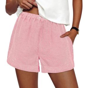 PRETTYGARDEN Women’s Striped Boxer Shorts Summer 2026 Trendy Casual Elastic Waist Lounge Sleep Pajama Bottoms Beach Shorts(Striped Pink White)