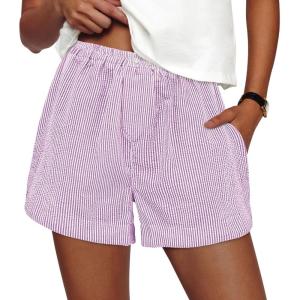 PRETTYGARDEN Women’s Striped Boxer Shorts Summer 2026 Trendy Casual Elastic Waist Lounge Sleep Pajama Bottoms Beach Shorts(Striped Purple White)