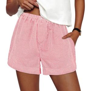 PRETTYGARDEN Women’s Striped Boxer Shorts Summer 2026 Trendy Casual Elastic Waist Lounge Sleep Pajama Bottoms Beach Shorts(Striped Red White)