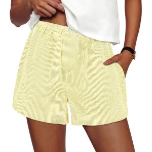 PRETTYGARDEN Women’s Striped Boxer Shorts Summer 2026 Trendy Casual Elastic Waist Lounge Sleep Pajama Bottoms Beach Shorts(Striped Yellow White)