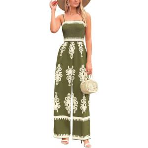 PRETTYGARDEN Women’s Summer Boho Jumpsuits One Piece Beach Vacation Outfits Spaghetti Strap Wide Leg Pants Rompers(Army Green)