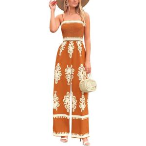 PRETTYGARDEN Women’s Summer Boho Jumpsuits One Piece Beach Vacation Outfits Spaghetti Strap Wide Leg Pants Rompers(Brick Red)