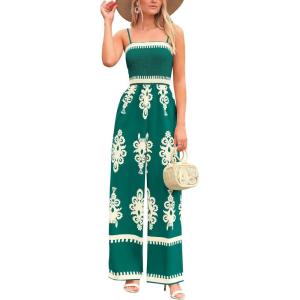 PRETTYGARDEN Women’s Summer Boho Jumpsuits One Piece Beach Vacation Outfits Spaghetti Strap Wide Leg Pants Rompers(Dark Green)