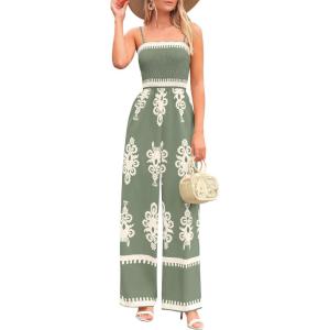 PRETTYGARDEN Women’s Summer Boho Jumpsuits One Piece Beach Vacation Outfits Spaghetti Strap Wide Leg Pants Rompers(Grey Green Apricot Floral)