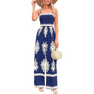 PRETTYGARDEN Women’s Summer Boho Jumpsuits One Piece Beach Vacation Outfits Spaghetti Strap Wide Leg Pants Rompers(Navy)