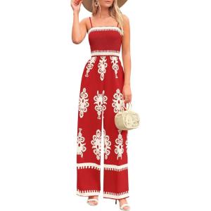 PRETTYGARDEN Women’s Summer Boho Jumpsuits One Piece Beach Vacation Outfits Spaghetti Strap Wide Leg Pants Rompers(Red Apricot Floral)