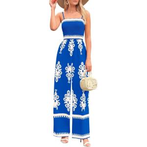 PRETTYGARDEN Women’s Summer Boho Jumpsuits One Piece Beach Vacation Outfits Spaghetti Strap Wide Leg Pants Rompers(Royal Blue White Floral)