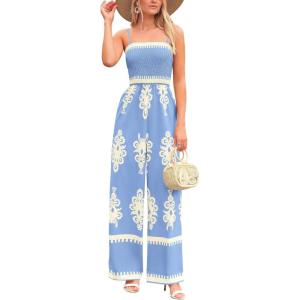PRETTYGARDEN Women’s Summer Boho Jumpsuits One Piece Beach Vacation Outfits Spaghetti Strap Wide Leg Pants Rompers(Sky Blue)