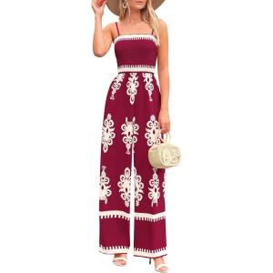 PRETTYGARDEN Women’s Summer Boho Jumpsuits One Piece Beach Vacation Outfits Spaghetti Strap Wide Leg Pants Rompers(Wine Red Apricot Floral)