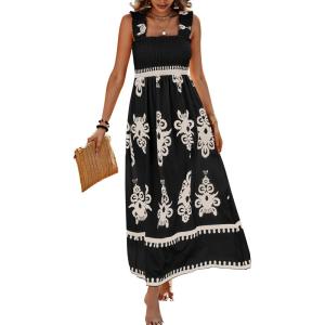 PRETTYGARDEN Womens Summer Boho Maxi Dress 2026 Casual Sleeveless Square Neck Floral Aline Smocked Beach Dresses with Pockets(Floral Black Apricot)