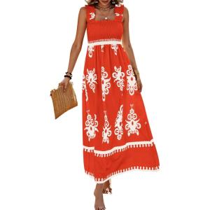PRETTYGARDEN Womens Summer Boho Maxi Dress 2026 Casual Sleeveless Square Neck Floral Aline Smocked Beach Dresses with Pockets(Floral Brick Red White)