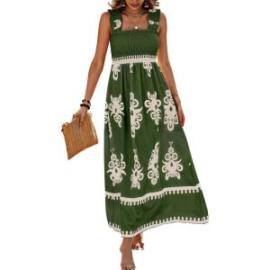 PRETTYGARDEN Womens Summer Boho Maxi Dress 2026 Casual Sleeveless Square Neck Floral Aline Smocked Beach Dresses with Pockets(Floral Green Apricot)