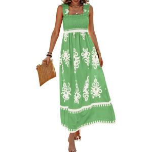 PRETTYGARDEN Womens Summer Boho Maxi Dress 2026 Casual Sleeveless Square Neck Floral Aline Smocked Beach Dresses with Pockets(Floral Green White)