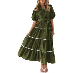 PRETTYGARDEN Women’s Summer Button Down Shirt Dress Short Puffy Sleeve Tiered Ruffle Flowy Long Maxi Dresses(Army Green)