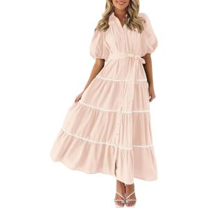 PRETTYGARDEN Women’s Summer Button Down Shirt Dress Short Puffy Sleeve Tiered Ruffle Flowy Long Maxi Dresses(Beige)