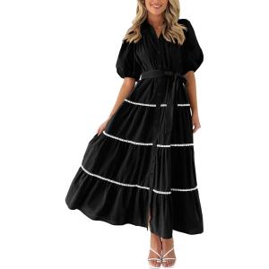 PRETTYGARDEN Women’s Summer Button Down Shirt Dress Short Puffy Sleeve Tiered Ruffle Flowy Long Maxi Dresses(Black)