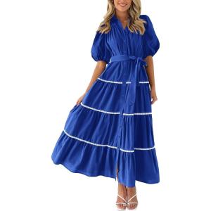 PRETTYGARDEN Women’s Summer Button Down Shirt Dress Short Puffy Sleeve Tiered Ruffle Flowy Long Maxi Dresses(Blue)