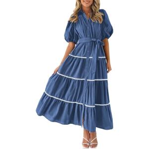 PRETTYGARDEN Women’s Summer Button Down Shirt Dress Short Puffy Sleeve Tiered Ruffle Flowy Long Maxi Dresses(Dark Blue)