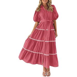 PRETTYGARDEN Women’s Summer Button Down Shirt Dress Short Puffy Sleeve Tiered Ruffle Flowy Long Maxi Dresses(Dusty Pink)