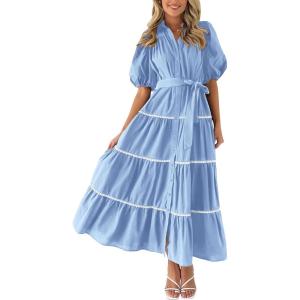 PRETTYGARDEN Women’s Summer Button Down Shirt Dress Short Puffy Sleeve Tiered Ruffle Flowy Long Maxi Dresses(Light Blue)