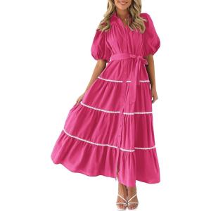 PRETTYGARDEN Women’s Summer Button Down Shirt Dress Short Puffy Sleeve Tiered Ruffle Flowy Long Maxi Dresses(Rose Red)