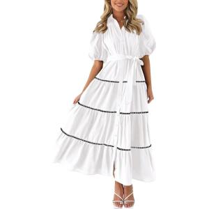 PRETTYGARDEN Women’s Summer Button Down Shirt Dress Short Puffy Sleeve Tiered Ruffle Flowy Long Maxi Dresses(White)