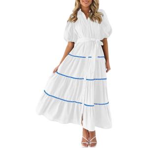 PRETTYGARDEN Women’s Summer Button Down Shirt Dress Short Puffy Sleeve Tiered Ruffle Flowy Long Maxi Dresses(White Blue)