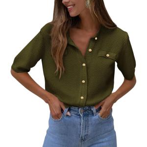 PRETTYGARDEN Women’s Summer Button Down Shirts Casual Short Sleeve Crew Neck Ribbed Knit Blouse Top Cardigans(Army Green)