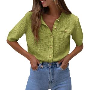 PRETTYGARDEN Women’s Summer Button Down Shirts Casual Short Sleeve Crew Neck Ribbed Knit Blouse Top Cardigans(Avocado Green)