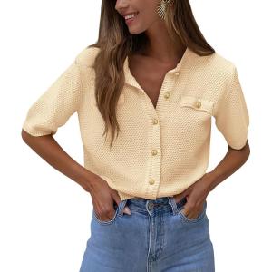 PRETTYGARDEN Women’s Summer Button Down Shirts Casual Short Sleeve Crew Neck Ribbed Knit Blouse Top Cardigans(Beige)