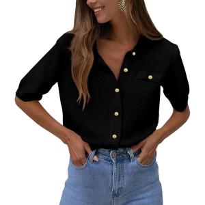 PRETTYGARDEN Women’s Summer Button Down Shirts Casual Short Sleeve Crew Neck Ribbed Knit Blouse Top Cardigans(Black)