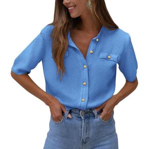PRETTYGARDEN Women’s Summer Button Down Shirts Casual Short Sleeve Crew Neck Ribbed Knit Blouse Top Cardigans(Blue)