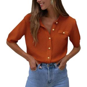 PRETTYGARDEN Women’s Summer Button Down Shirts Casual Short Sleeve Crew Neck Ribbed Knit Blouse Top Cardigans(Brick Red)