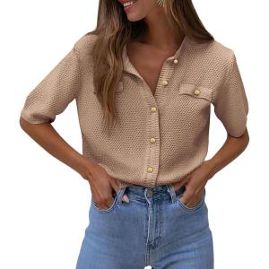 PRETTYGARDEN Women’s Summer Button Down Shirts Casual Short Sleeve Crew Neck Ribbed Knit Blouse Top Cardigans(Camel)