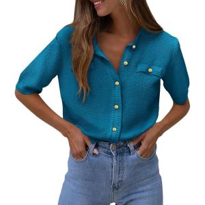 PRETTYGARDEN Women’s Summer Button Down Shirts Casual Short Sleeve Crew Neck Ribbed Knit Blouse Top Cardigans(Cyan)